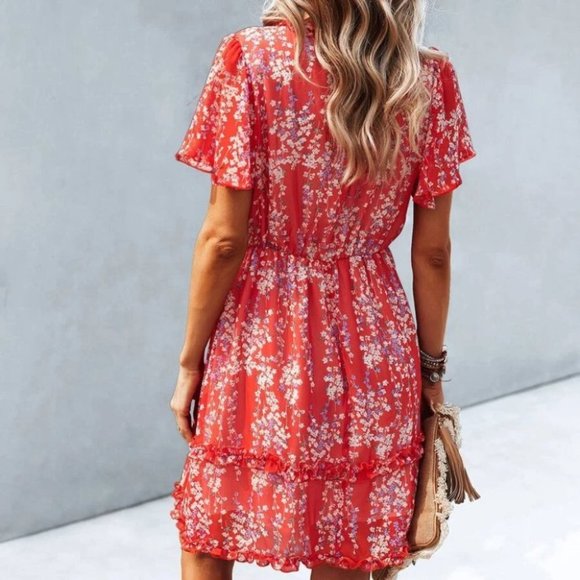Red Cottagecore Boho Floral Print Frill Trim Dress - Picture 4 of 6